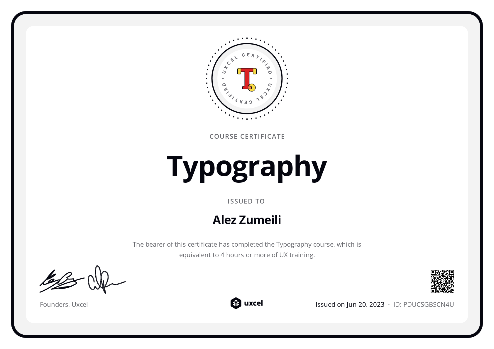 Alez Zumeili's certificate